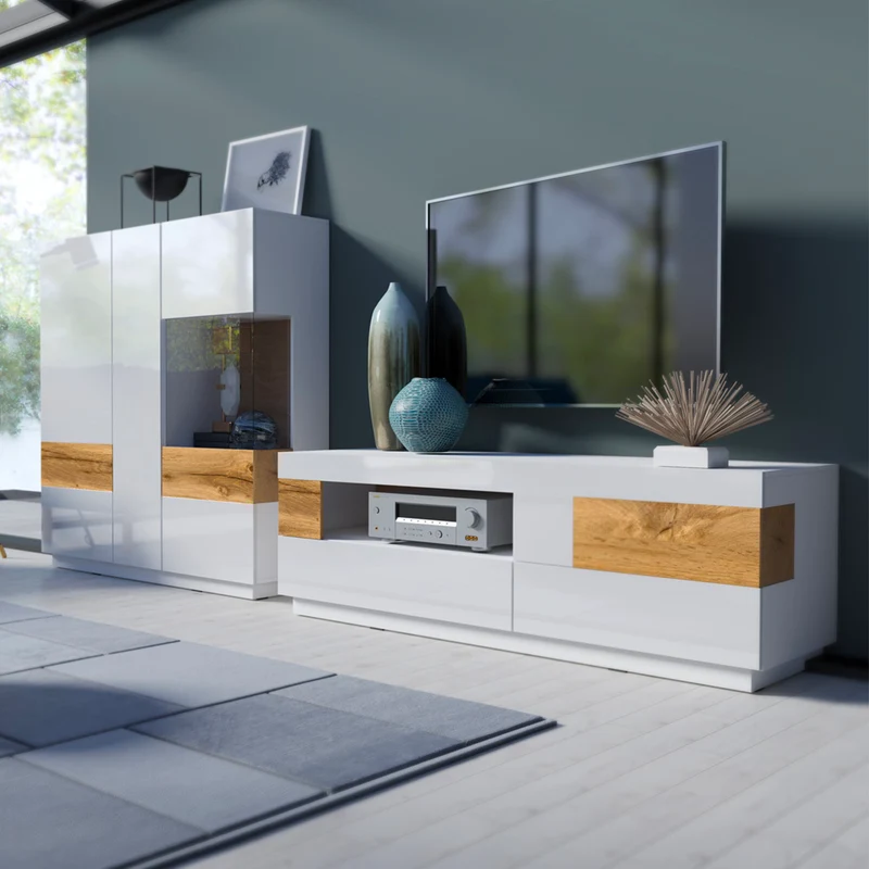Meuble TV 1 porte 2 tiroirs 160 cm Andrea Blanc et Bois