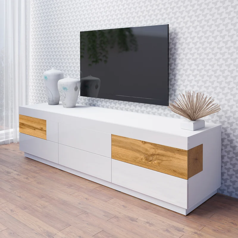 Meuble TV 6 tiroirs 206 cm Andrea Blanc et Bois