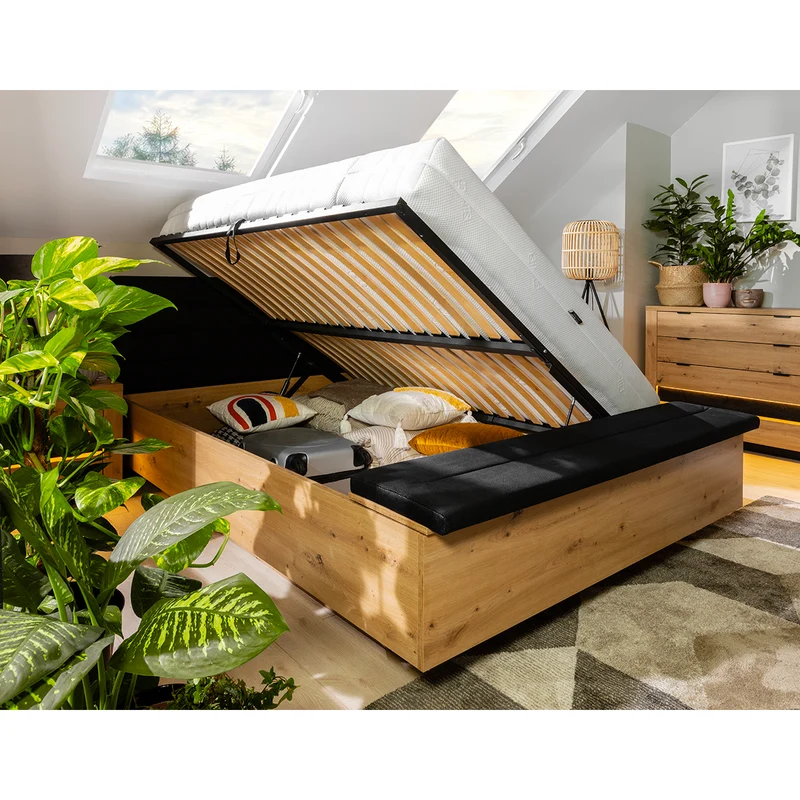 Lit coffre 160x200 avec banc et sommier inclus Glenn Bois et Noir