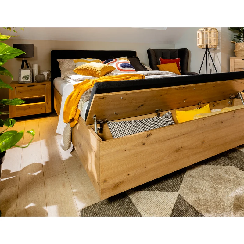 Lit coffre 160x200 avec banc et sommier inclus Glenn Bois et Noir