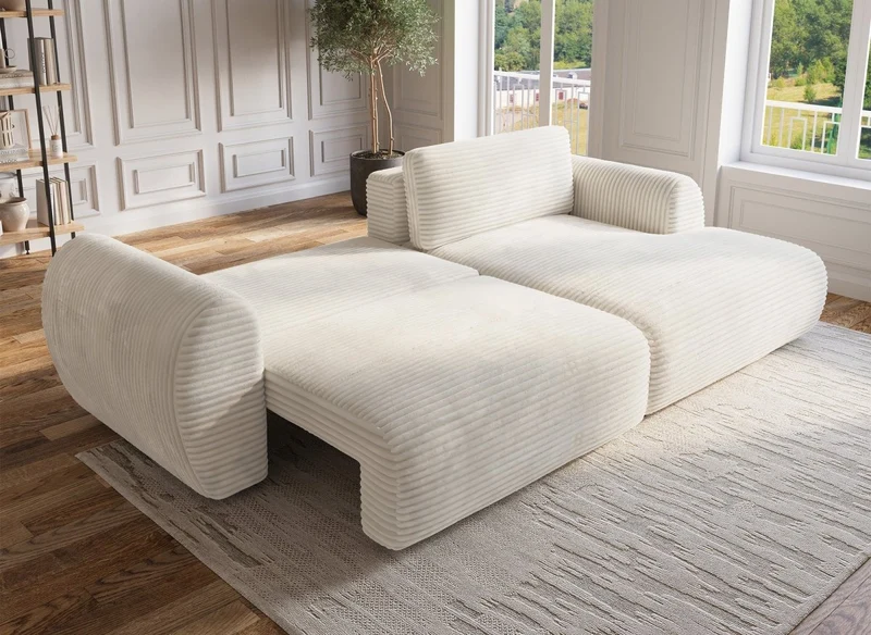 Canapé d'angle convertible avec coffre en velours gros côtelé doux beige TILDA - Angle droit