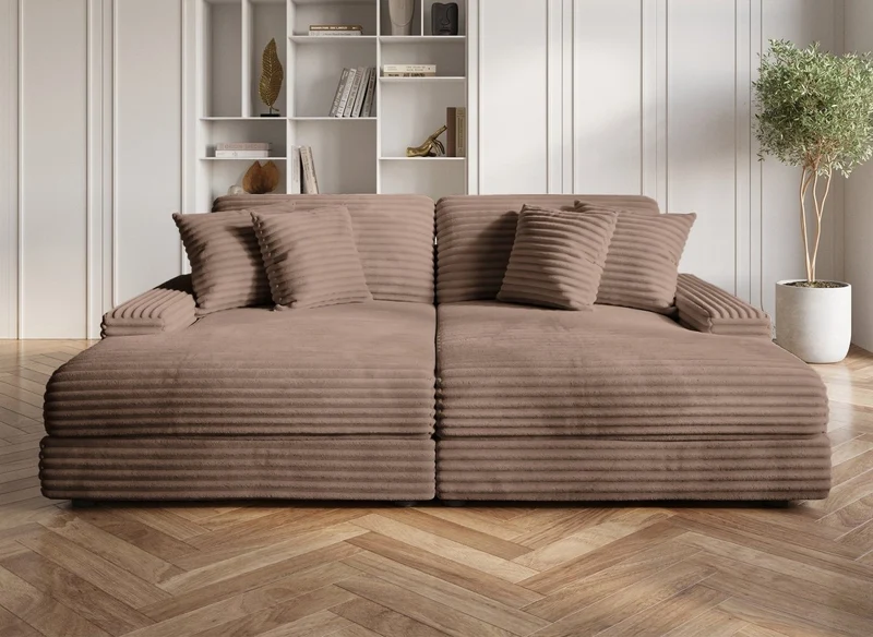Canapé droit méridienne 2 places en gros côtelé doux taupe DAHO