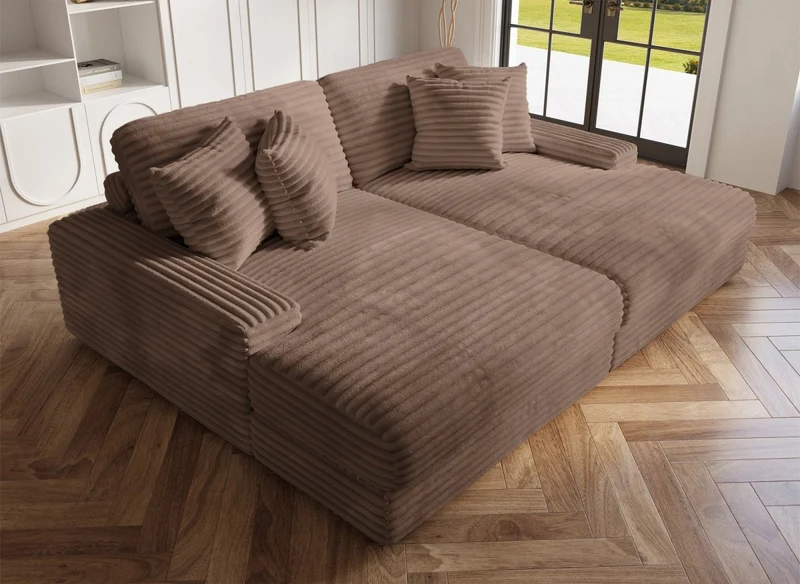 Canapé droit méridienne 2 places en gros côtelé doux taupe DAHO