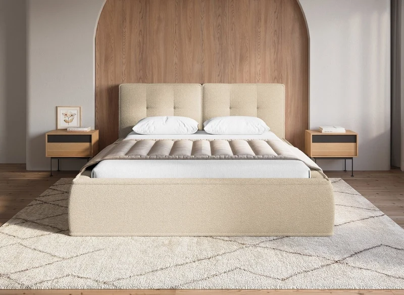 Lit double en tissu bouclette beige 160x200cm YUNA
