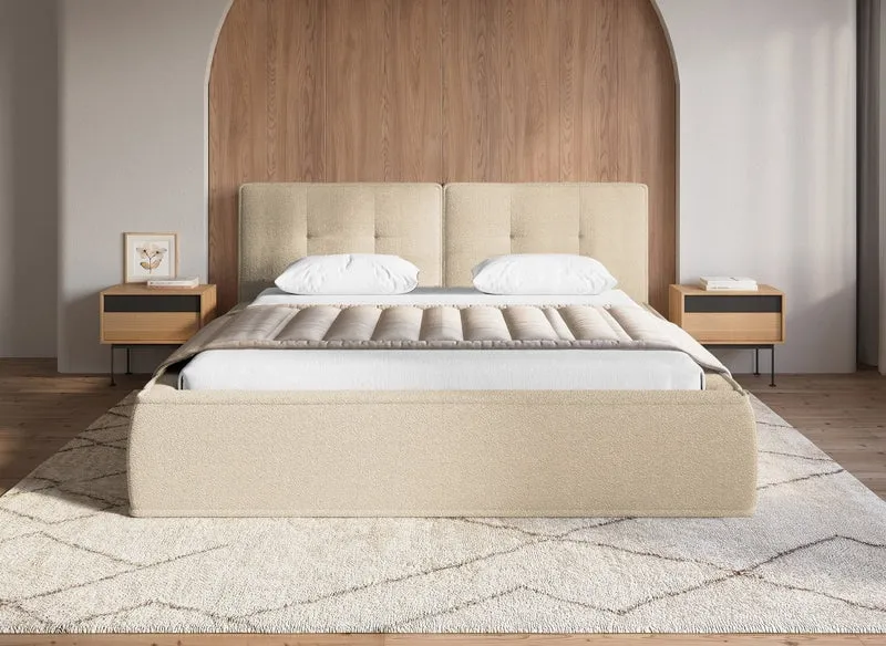Lit double en tissu bouclette beige 180x200cm YUNA