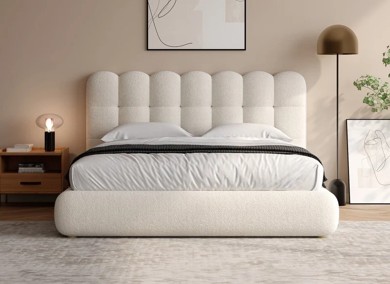 Lit double en tissu bouclette beige 140x190cm BISCUIT