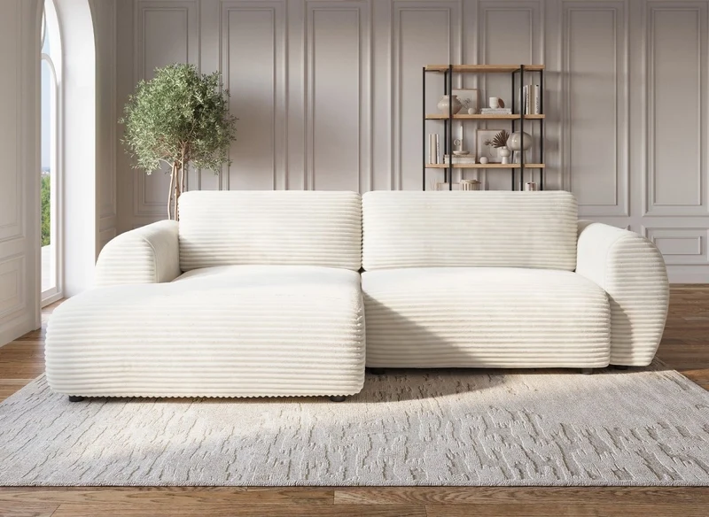 Canapé d'angle convertible avec coffre en velours gros côtelé doux beige TILDA - Angle gauche