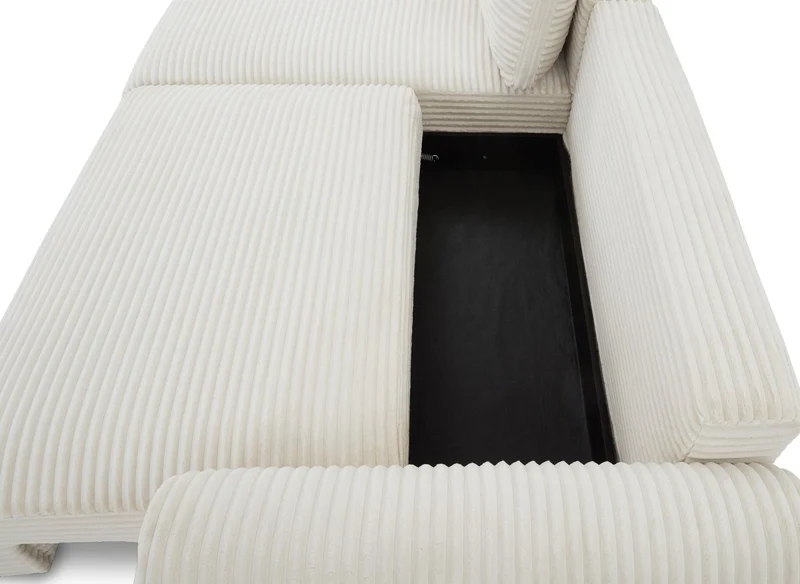 Canapé d'angle convertible avec coffre en velours gros côtelé doux beige TILDA - Angle gauche