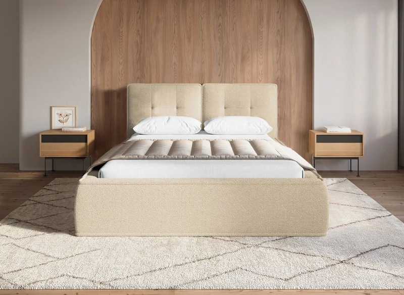 Lit double en tissu bouclette beige 140x190 cm YUNA