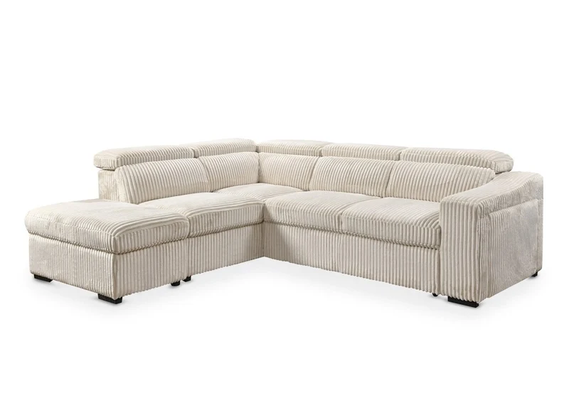 Canapé d'angle convertible avec coffre en velours beige côtelé MARTY - Angle gauche