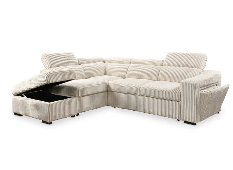 Canapé d'angle convertible avec coffre en velours beige côtelé MARTY - Angle gauche