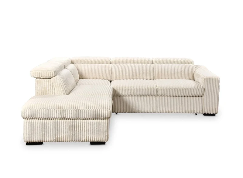 Canapé d'angle convertible avec coffre en velours beige côtelé MARTY - Angle gauche