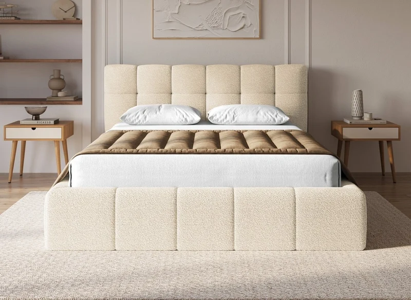 Lit coffre en tissu bouclette beige 160x200 cm MILIE