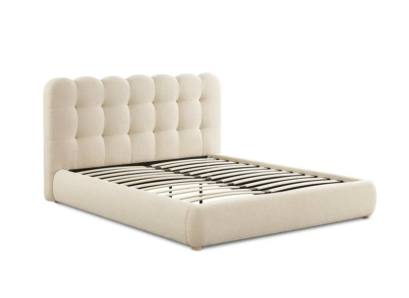 Lit double en tissu bouclette beige 160x200cm BISCUIT