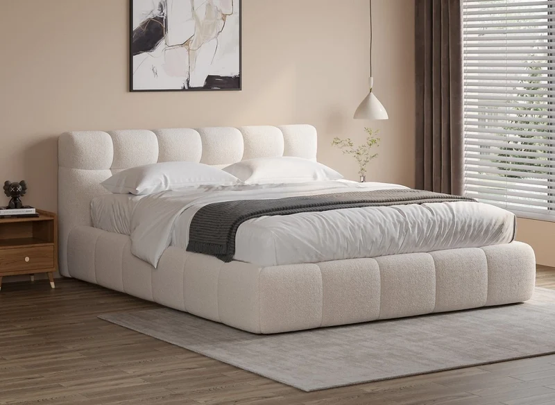 Lit double en tissu bouclette écru 140x190 cm GEORGINA