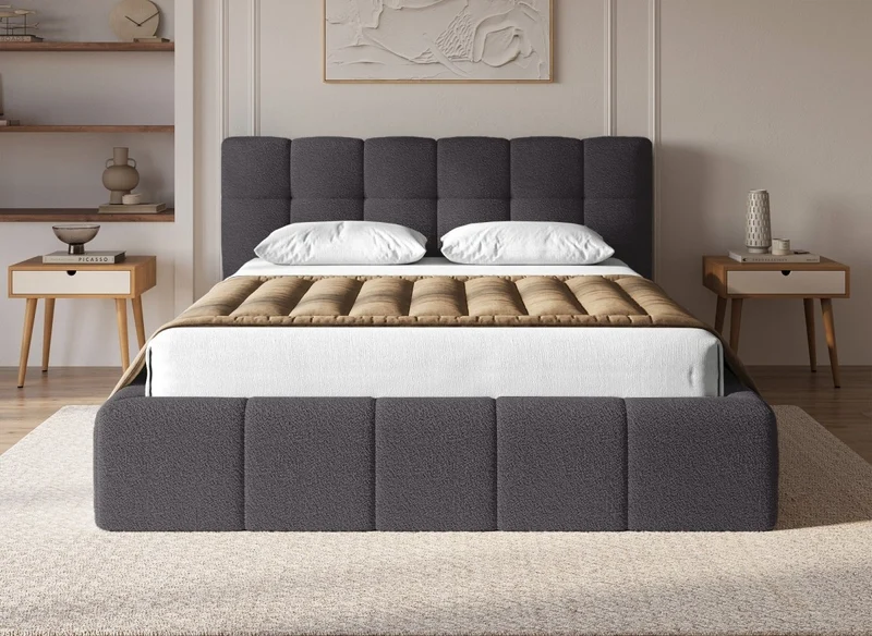 Lit coffre en tissu bouclette gris 160x200 cm MILIE