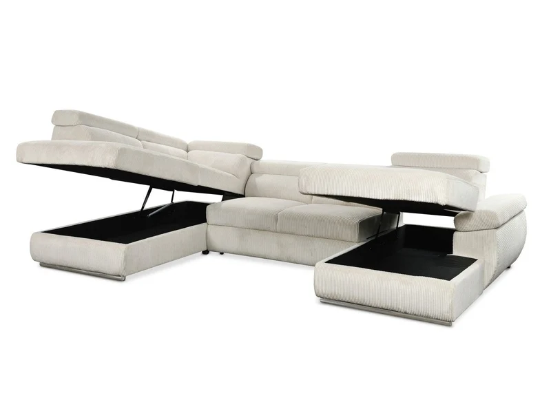 Canapé panoramique convertible avec coffre en velours côtelé épais beige MARIANO- Angle droit