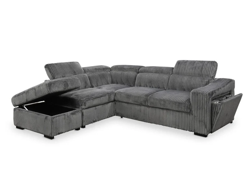 Canapé d'angle convertible avec coffre en velours côtelé gris MARTY - Angle gauche