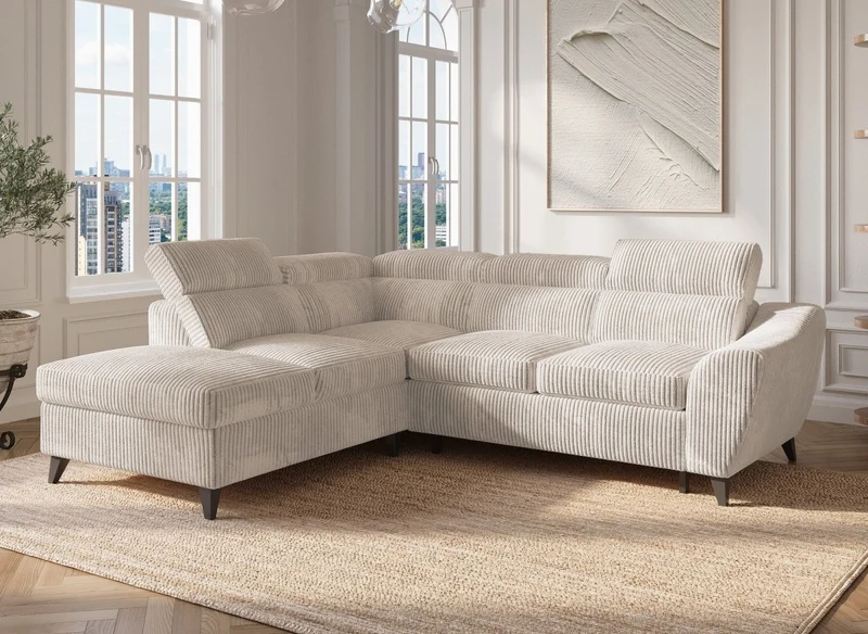 Canapé d'angle convertible avec coffre en velours côtelé épais beige DALTON - Angle gauche