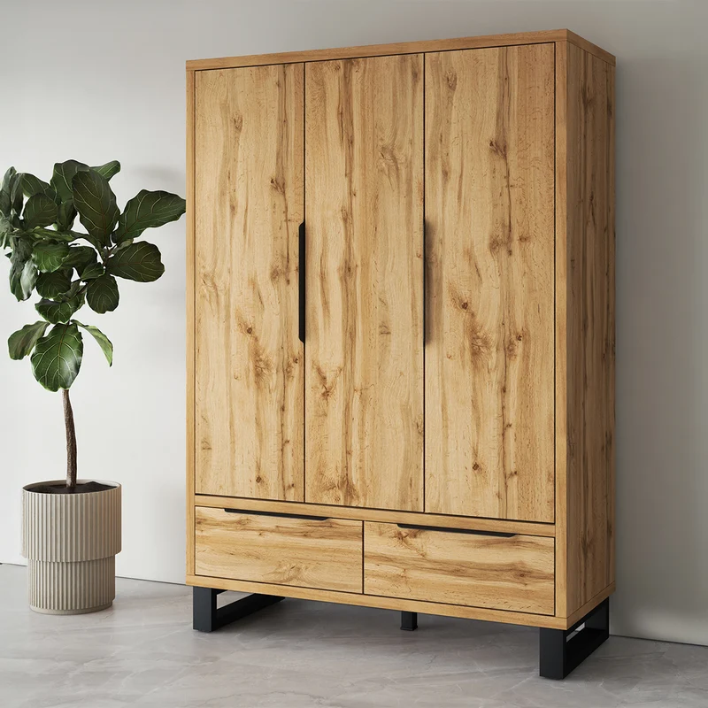 Armoire 3 portes 2 tiroirs Eden Bois et Noir