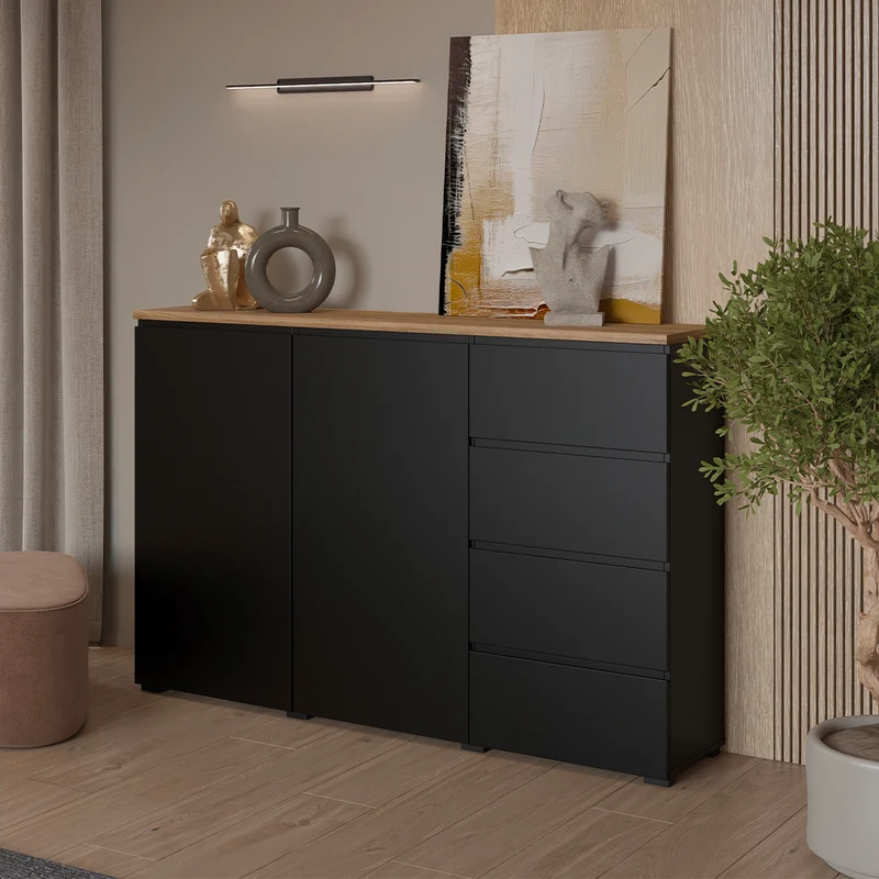 Buffet 2 portes 4 tiroirs Liko Noir et Bois