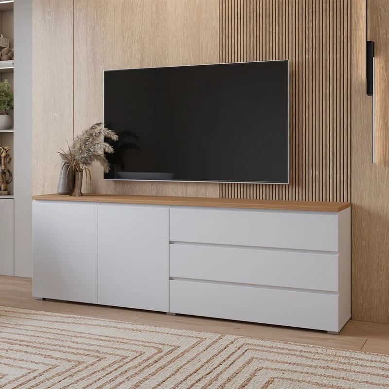 Buffet long 2 portes 3 tiroirs Liko Blanc et Bois