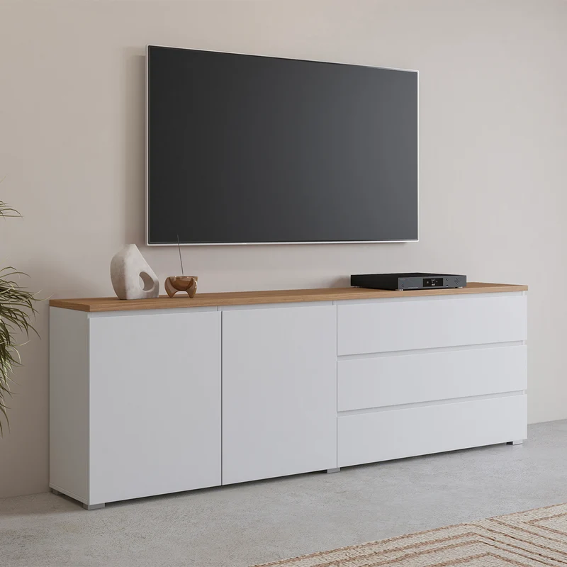 Buffet long 2 portes 3 tiroirs Liko Blanc et Bois