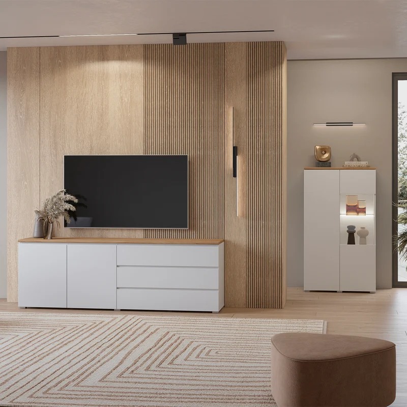 Buffet long 2 portes 3 tiroirs Liko Blanc et Bois