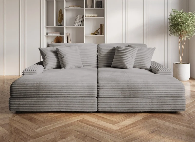 Canapé droit méridienne 2 places en gros côtelé doux gris DAHO