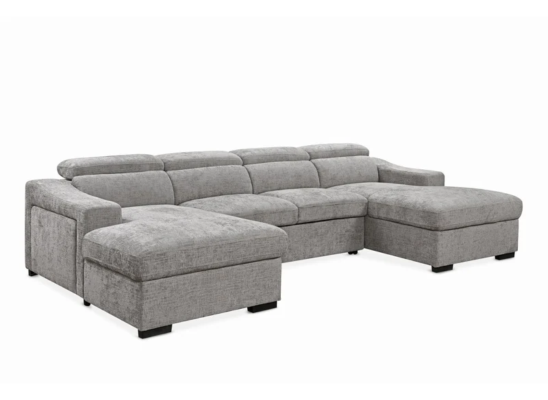 Canapé panoramique convertible avec 2 coffres en velours chiné gris VELORA