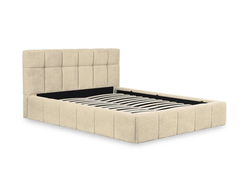 Lit coffre en tissu bouclette beige 140x190 cm MILIE