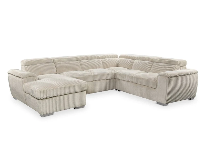 Canapé panoramique convertible avec coffre en velours côtelé épais beige GAELLE - Angle gauche