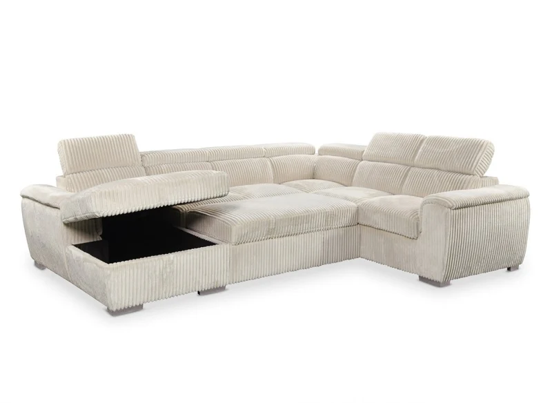 Canapé panoramique convertible avec coffre en velours côtelé épais beige GAELLE - Angle gauche