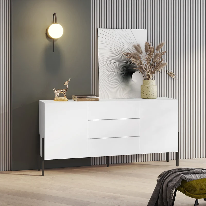 Buffet long 2 portes 3 tiroirs Bérénice Blanc