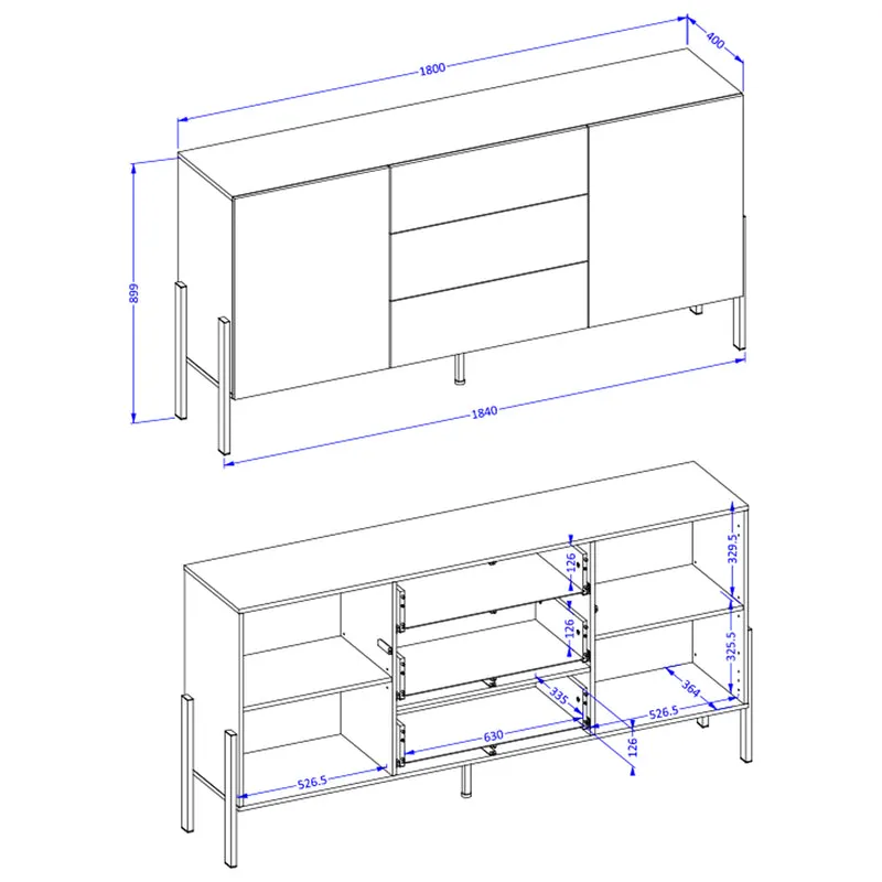 Buffet long 2 portes 3 tiroirs Bérénice Blanc
