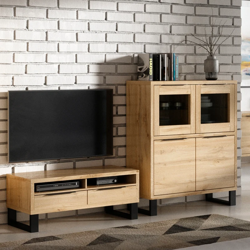 Meuble TV 2 tiroirs 124 cm Eden Bois et Metal
