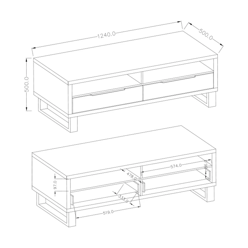 Meuble TV 2 tiroirs 124 cm Eden Bois et Metal
