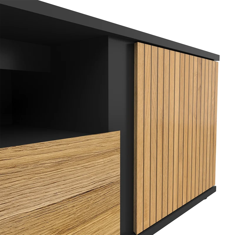 Meuble TV 1 porte 1 tiroir 155 cm Pia Noir et Bois