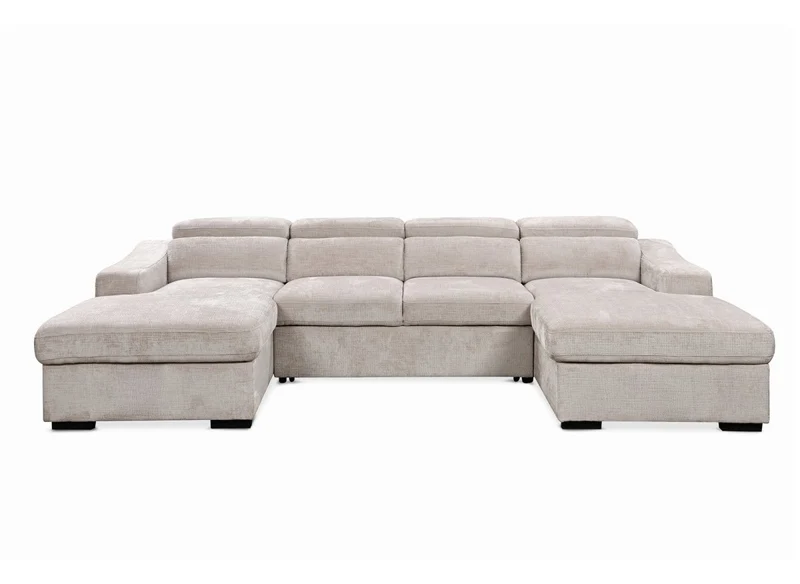 Canapé panoramique convertible avec 2 coffres en velours chiné beige VELORA