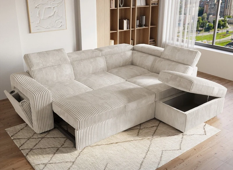Canapé d'angle convertible avec coffre en velours côtelé beige MARTY - Angle droit