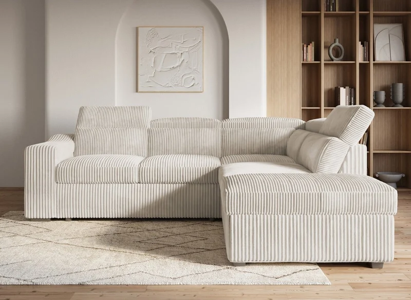 Canapé d'angle convertible avec coffre en velours côtelé beige MARTY - Angle droit