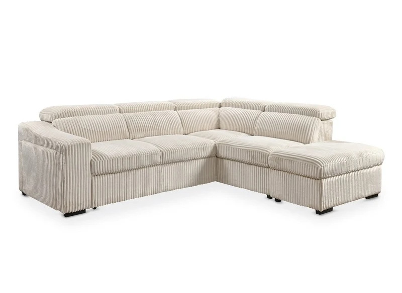 Canapé d'angle convertible avec coffre en velours côtelé beige MARTY - Angle droit