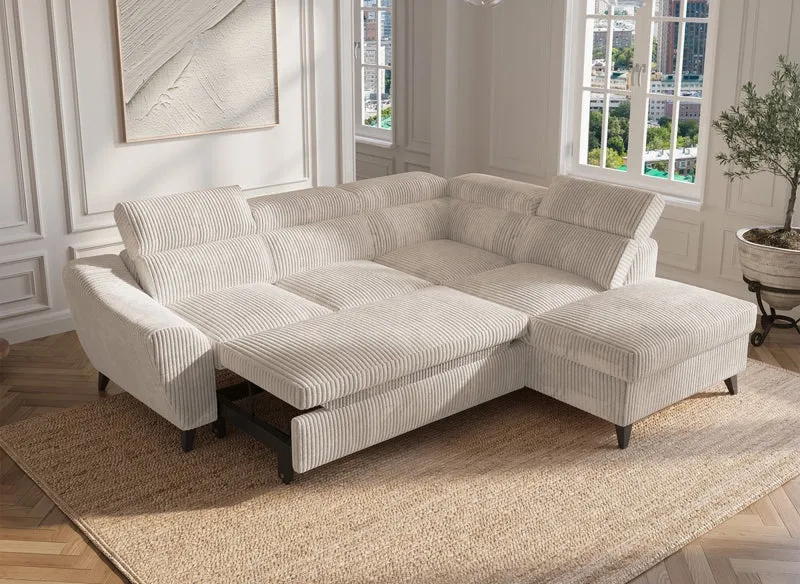 Canapé d'angle convertible avec coffre en velours côtelé épais beige DALTON - Angle droit