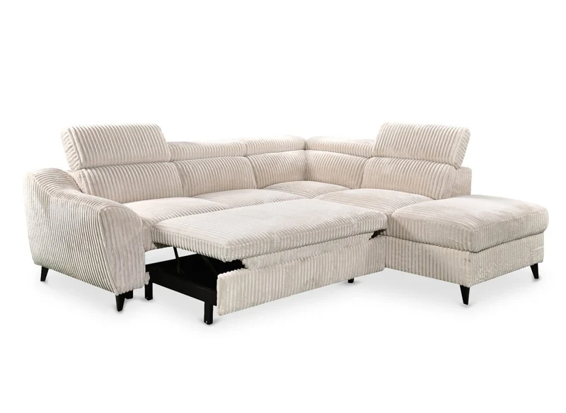 Canapé d'angle convertible avec coffre en velours côtelé épais beige DALTON - Angle droit