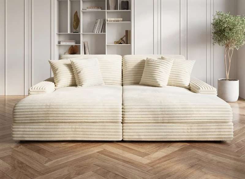 Canapé droit méridienne 2 places en gros côtelé doux beige DAHO