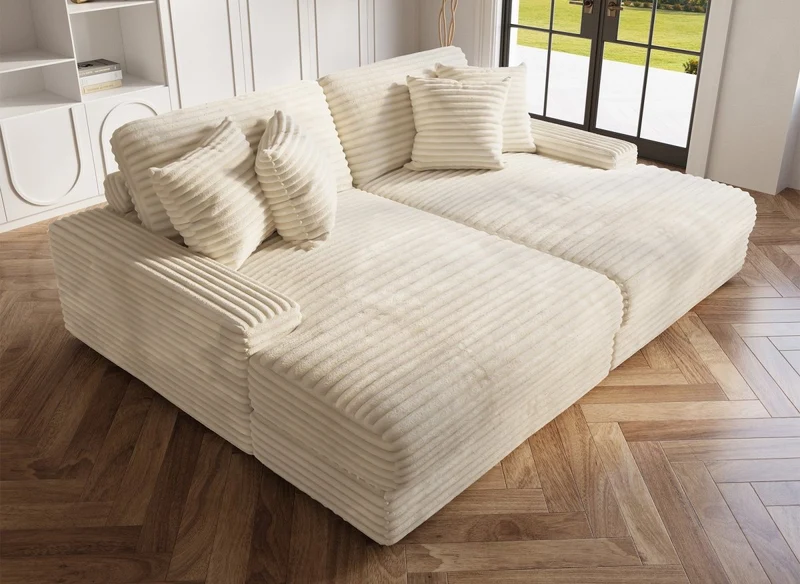 Canapé droit méridienne 2 places en gros côtelé doux beige DAHO