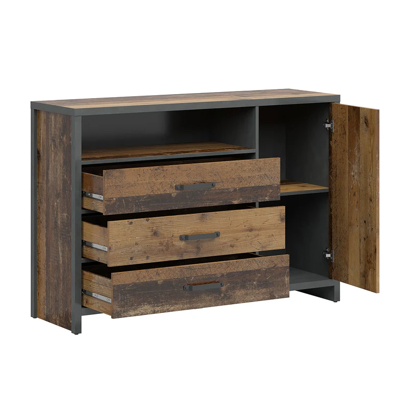 Buffet 1 porte 3 tiroirs Paul Bois et Gris anthracite
