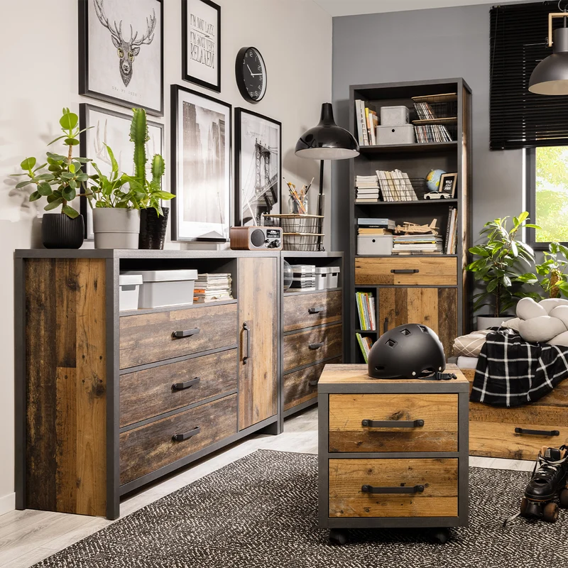 Buffet 1 porte 3 tiroirs Paul Bois et Gris anthracite