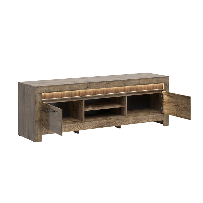 Meuble TV 2 portes 2 niches 180 cm LED inclus Amaury Bois