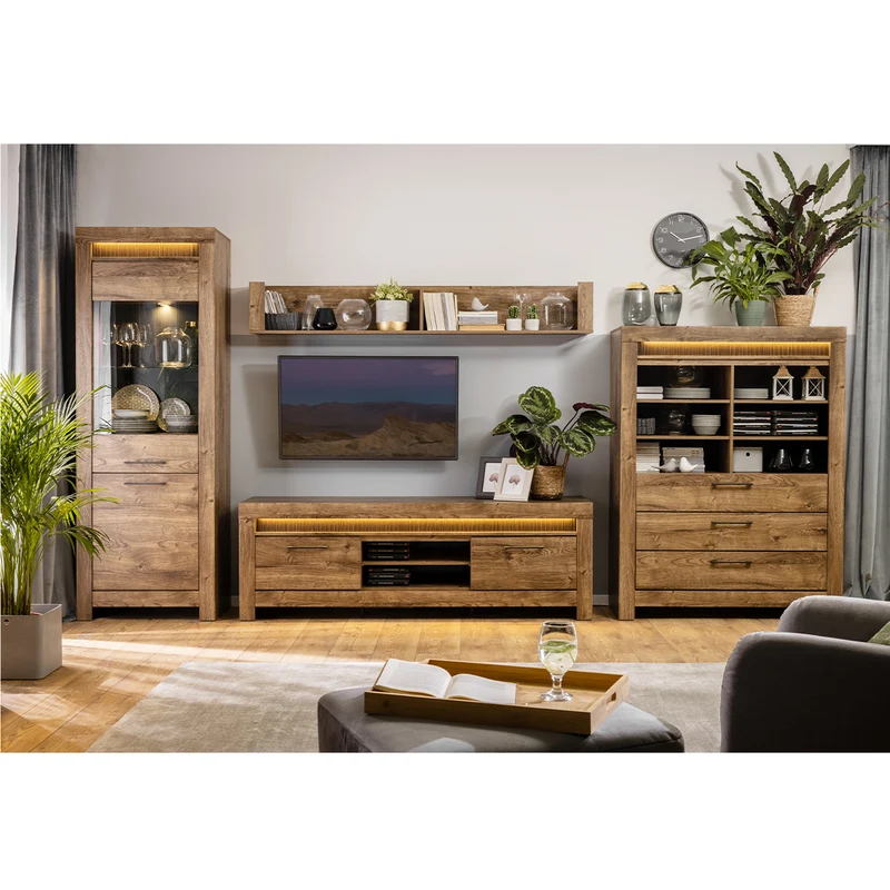 Meuble TV 2 portes 2 niches 180 cm LED inclus Amaury Bois
